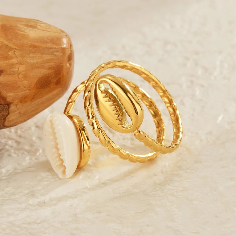 2024 New Fashion Asymmetrical Shell Ocean Style Open Wrap Ring For Women Gold Color Stainless Steel Jewelry Gifts Waterproof