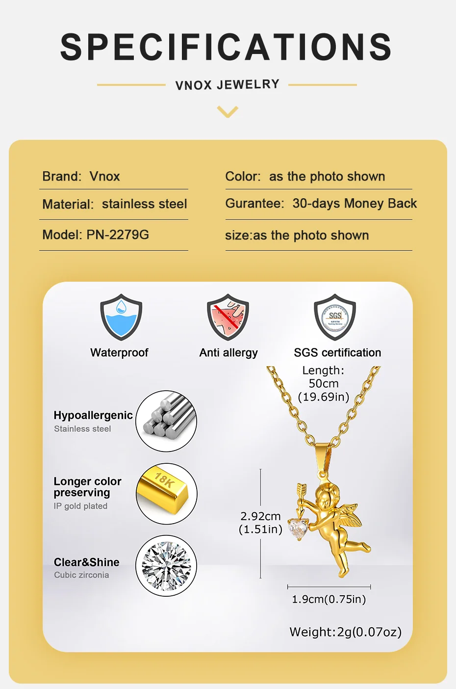 Vnox Goldfarbene Amor-Engel Anhänger Halskette, Edelstahl Herz CZ Stein O-Kette für Männer Frauen, Hip Hop Liebesschmuck Geschenk – Detail 4