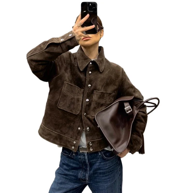 

Big Pockets Suede Short Women's Jackets Vintage Lapel Single Breasted Full Sleeve Jacket Lady Spring Fashion Streetwears 2026