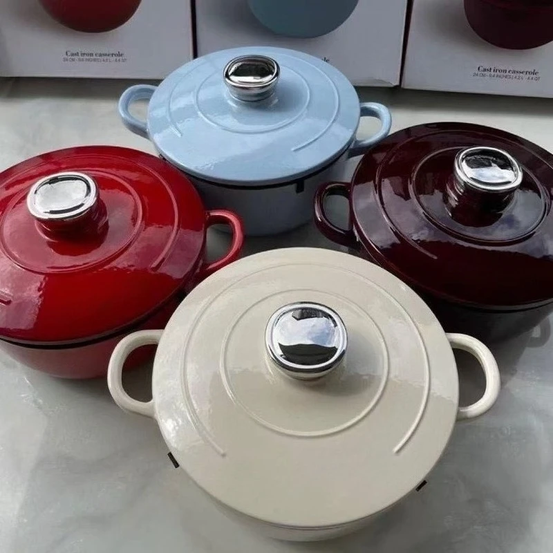 24cm Enamel Cast Iron Soup Pot, Double Handle Compatible with Induction Cooktop Suitable for Home Stewing