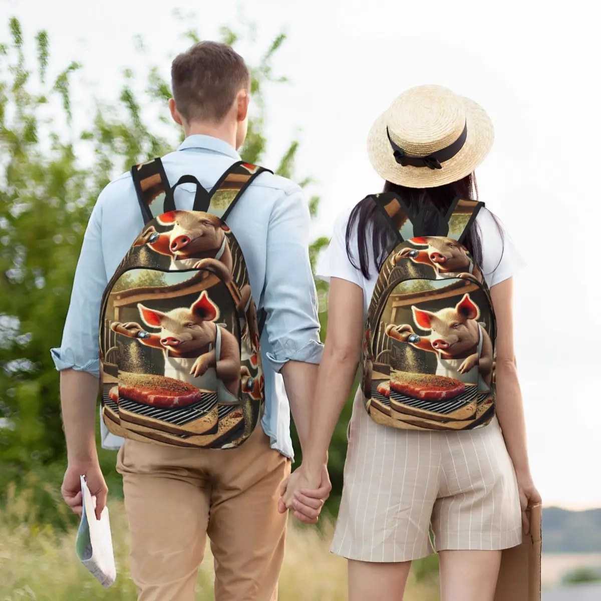 Cooking Pig Cartoon BBQ Scene Backpack Hot Sale Daypack Large Capacity Kids BookBag School Bag Shoulder Bags for Men Women
