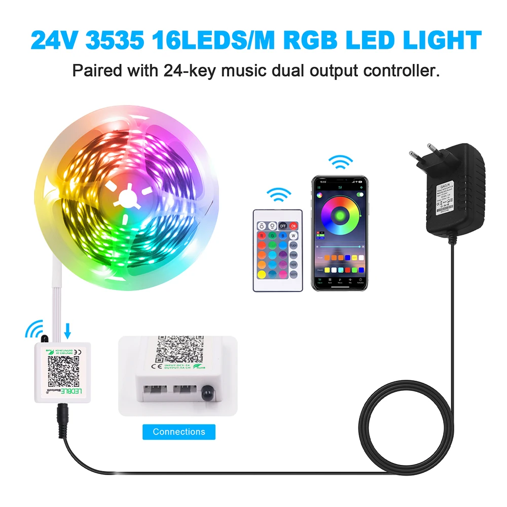 24V RGB 5M 10M 15M 20M Strip Light With 24 44keys Remote Control 3535 16LED/M Bluetooth Music Sync APP Room Party Decoration