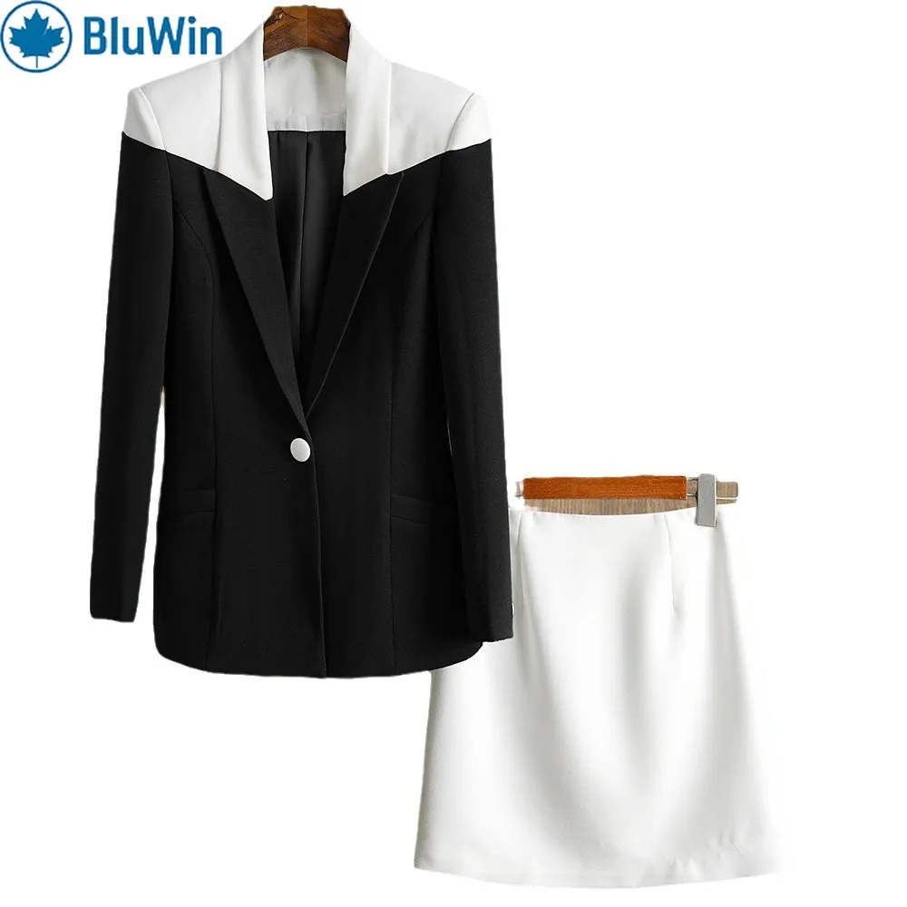 BluWin Set Rok 2 Potong Fashion Korea Wanita Blazer Crop Blok Warna Hitam Putih dan Rok Mini Setelan Wanita Kantoran