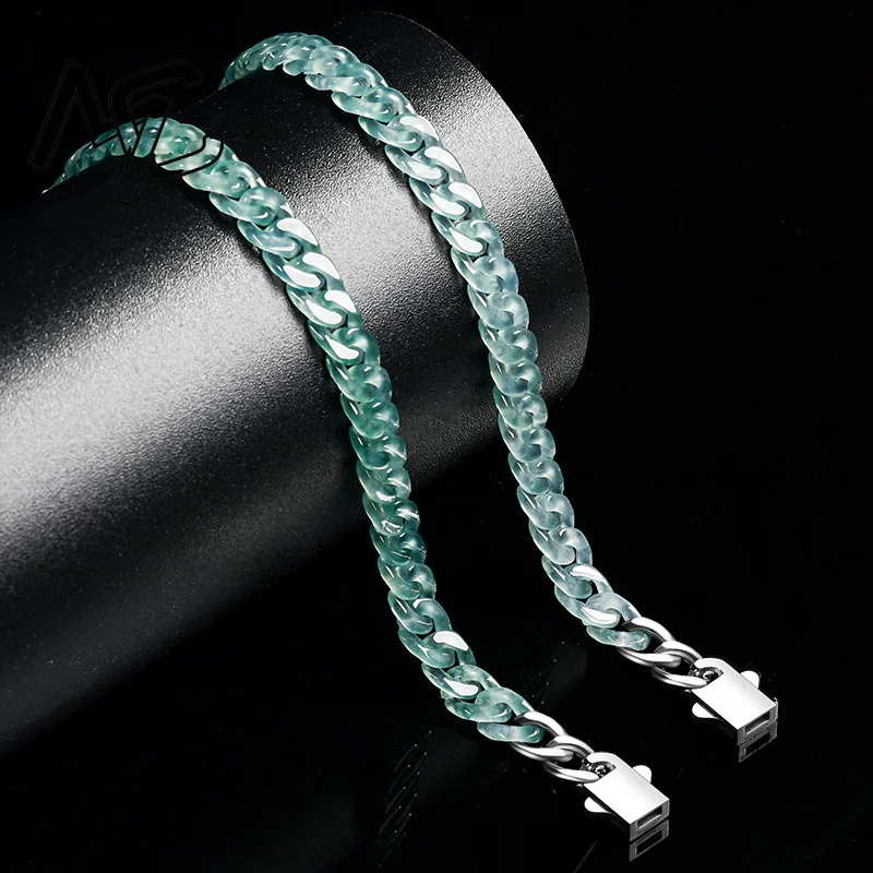 Certificate Real Natural Blue Water Jade Cuban Link Chain Bracelet Handstring Carved Charm Jadeite Jewelry Fashion Amulet Gifts
