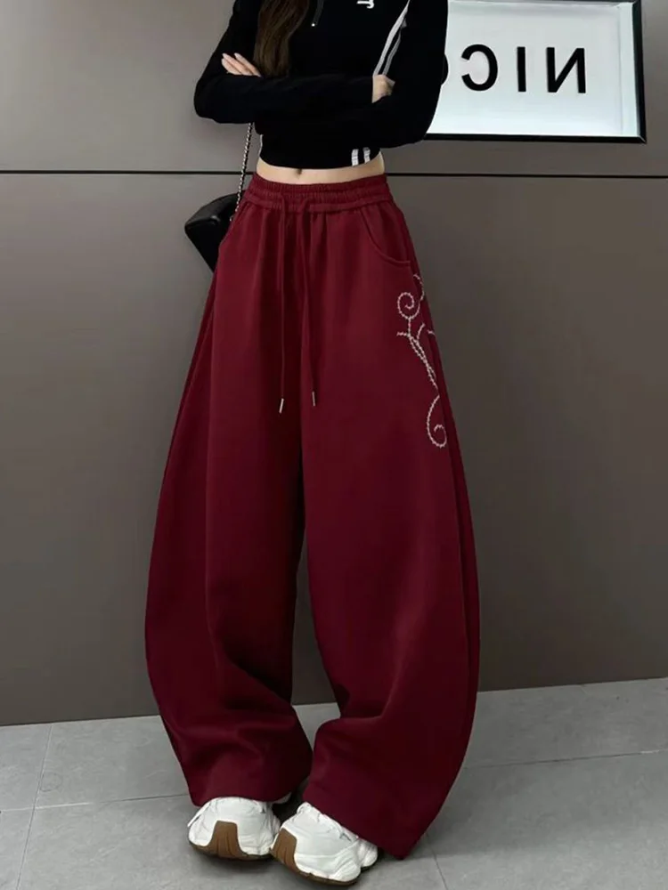 عيد الميلاد الأحمر طباعة Sweatpants المرأة فضفاضة خمر الهيب هوب الأمريكية بانت الشارع الشهير Bf عالية الخصر خريف شتاء Y2K بنطلون جديد #5