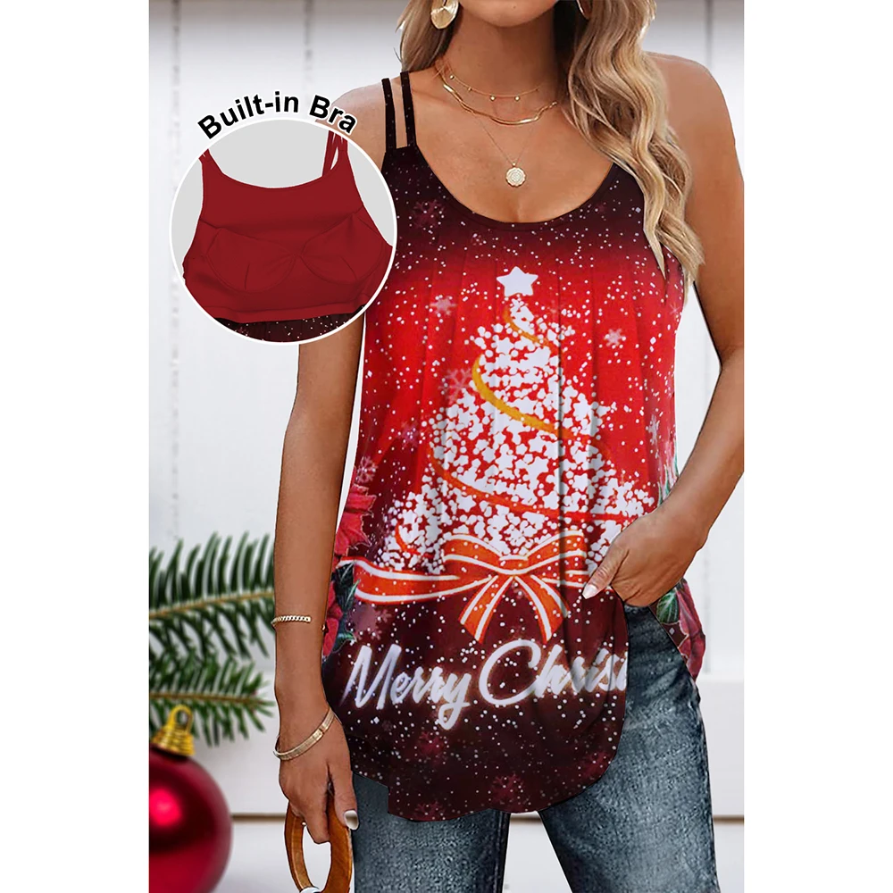 Cami de Natal com sutiã embutido, plus size, arco vermelho, estampa de árvore de Natal brilhante