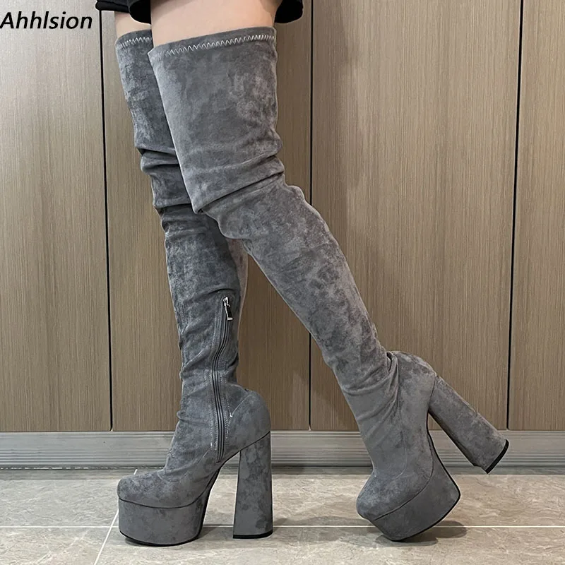 

Ahhlsion, Новое поступление, женские весенние сапоги до бедра, боковая молния, массивный каблук, круглый носок, красивые серые туфли для косплея, женские размеры США 5-20