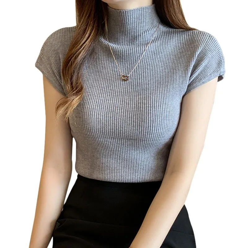 Summer Spring Women\'s Tops Solid Half Turtleneck  Slim Knitted Short Sleeve  T-Shirt