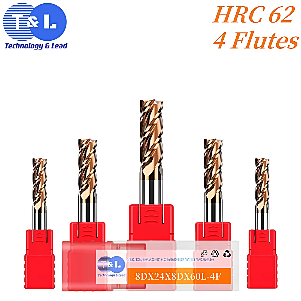 T&L HRC62 4Flutes Endmill Milling Cutter Alloy Coating Tungsten Steel Tool Cnc Maching Milling Cutter Kit Milling Machine Tools