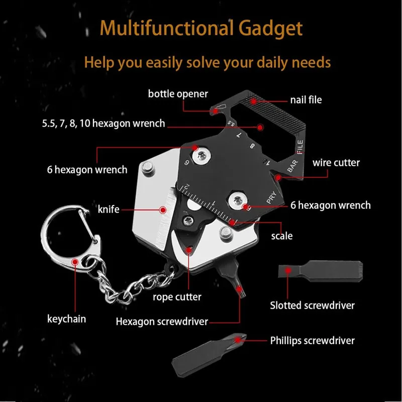 1Pc Multitool Coin Shaped Pocket Tool Folding Mini EDC Knife With Key Chain Wire Rope Cutter Ruler Screwdriver Hexagonal Wrench