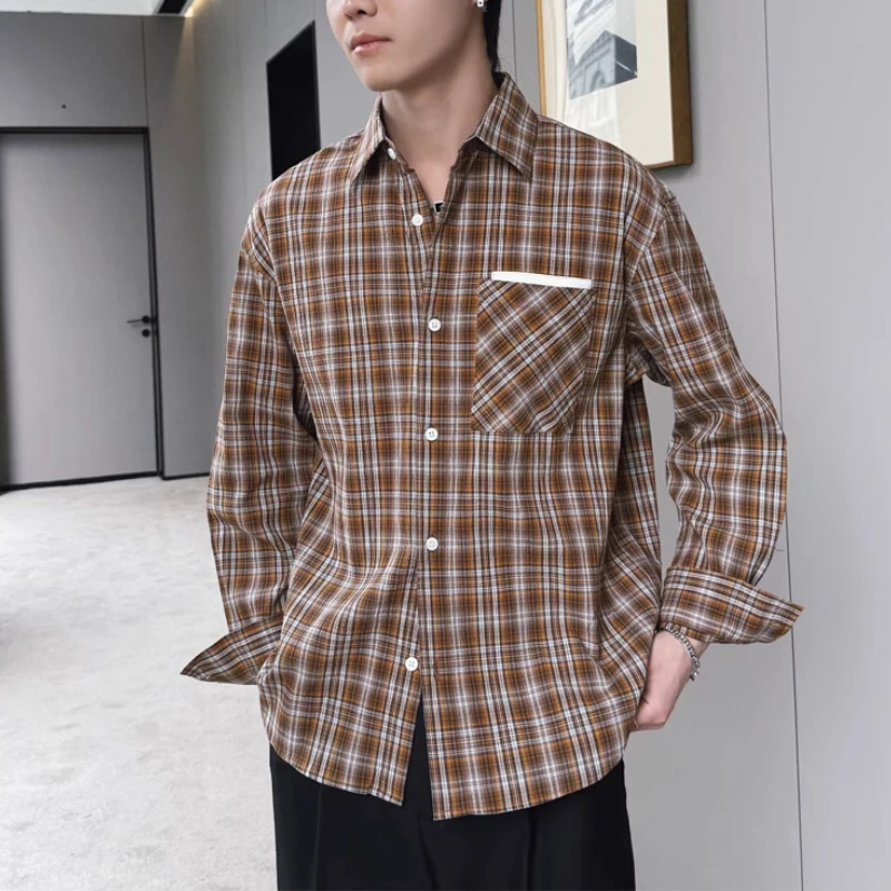 2025 Spring/Summer New Checkered Long Sleeve Shirt Men American Retro Top Casual Social Streetwear Oversized Shirts Men Clothing