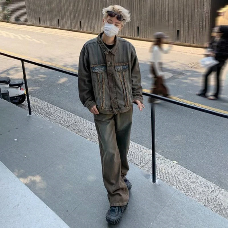 PFNW New Stylish Male Set Die Dye Denim Jacket Straight Wide Leg Jeans Vintage Worn-out Washed Men‘s Two-piece Autumn 28W3952