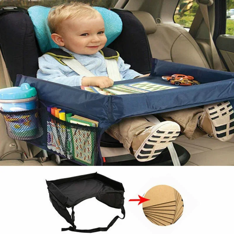 Portable Waterproof Durable Foldable Lightweight Car Dining Tray for Baby with Storage, Non-Slip Cartoon Design & Seat Fence