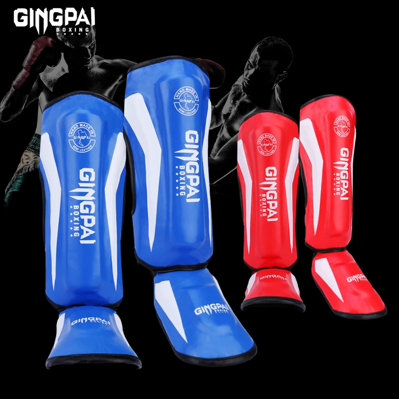 One Pair High-Quality PU Leather Boxing Shin Guards Ankle Protector MMA Muay Thai Training Leg Warmers Light Kicking Shin Pads