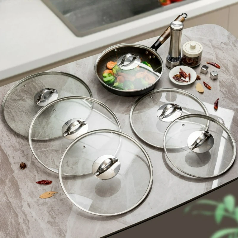 304 Stainless Steel Glass Lid Tempered Cover Universal Wok Pot Top Transparent Cookware Kitchen Tool Heat Resistant with Knob