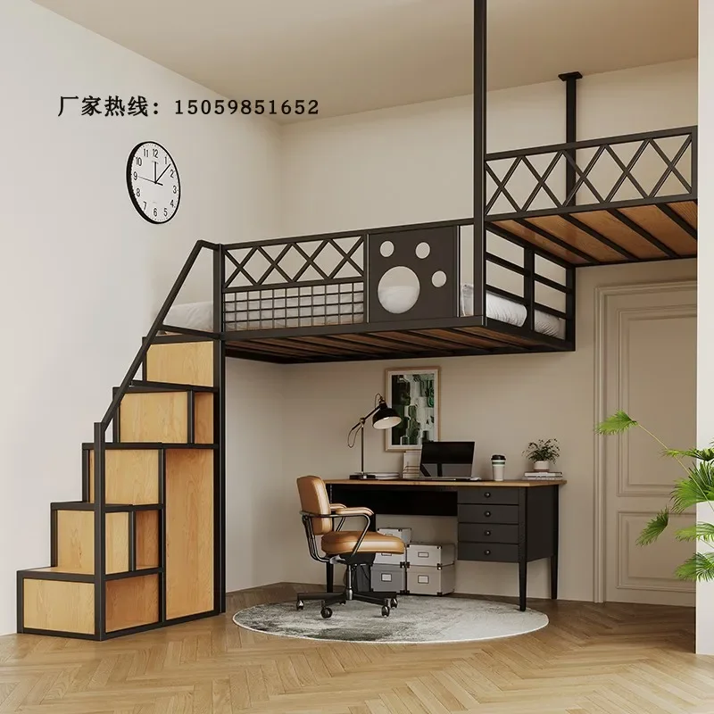 Space-saving elevated suspended iron frame bed hammock second floor loft ladder cabinet bed storage platform