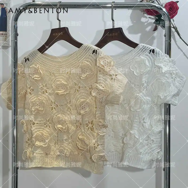 Fashion Crocheted Hollow-out Short Sleeves Summer Niche Outerwear Top Vintage Flower T-shirt Unique Design Pullovers Streetwear