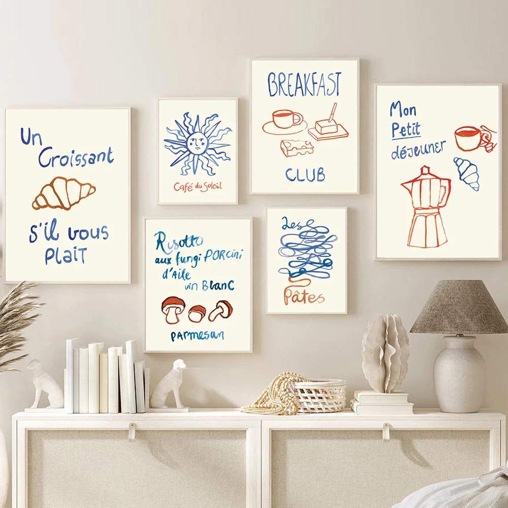 1pc frameless Canvas Painting Food Breakfast Club Posters Risotto Porcini Croissant Prints Canvas Painting Fun Cafe Poster Wall