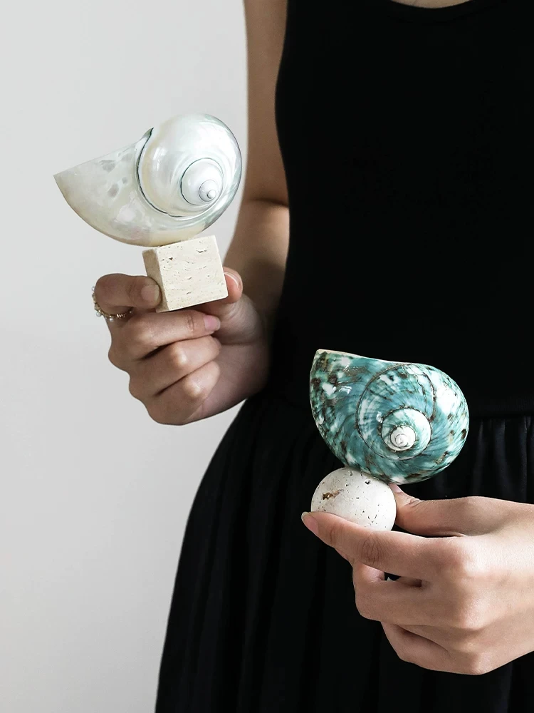 Nordic Natural Conch Shell Cup with Travertine Marble Base, Decorative Shell & Conch Trinket Dish, Creative Jewelry Tray for Rin