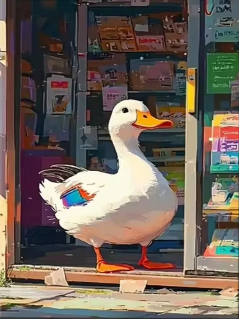 White Duck at Bookstore Entrance Poster Prints Animal Art Canvas Painting Wall Art Picture for Living Room Home Decor