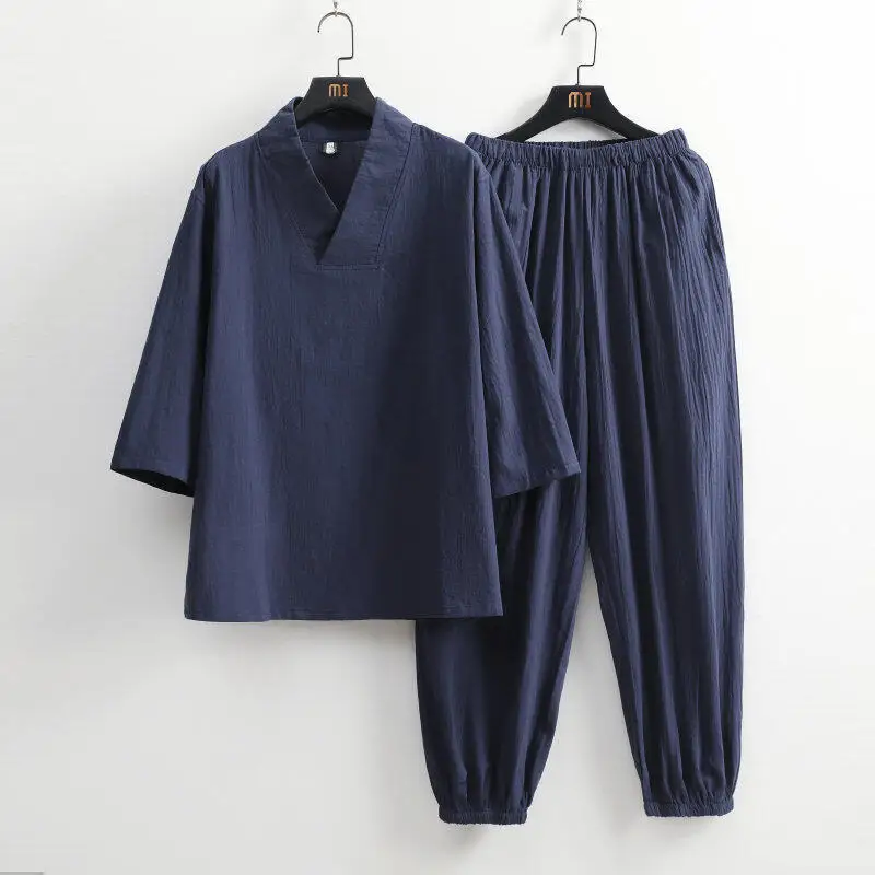 2026 Unisex Baumwoll-Leinen Hanfu Zweiteiliges Set im Buddha-Stil mit 3/4-Ärmeln, lockeres Yoga-, Meditations- und Teezeremonie-Outfit für Zuhause und Freizeit – Detail 5