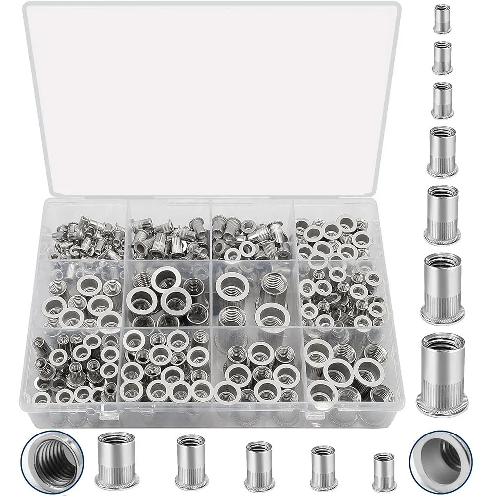 300Pcs Metric & SAE 304 Stainless Steel Flat Head Blind Rivet Nut Assortment Kit Threaded Insert Rivnuts Storage Box