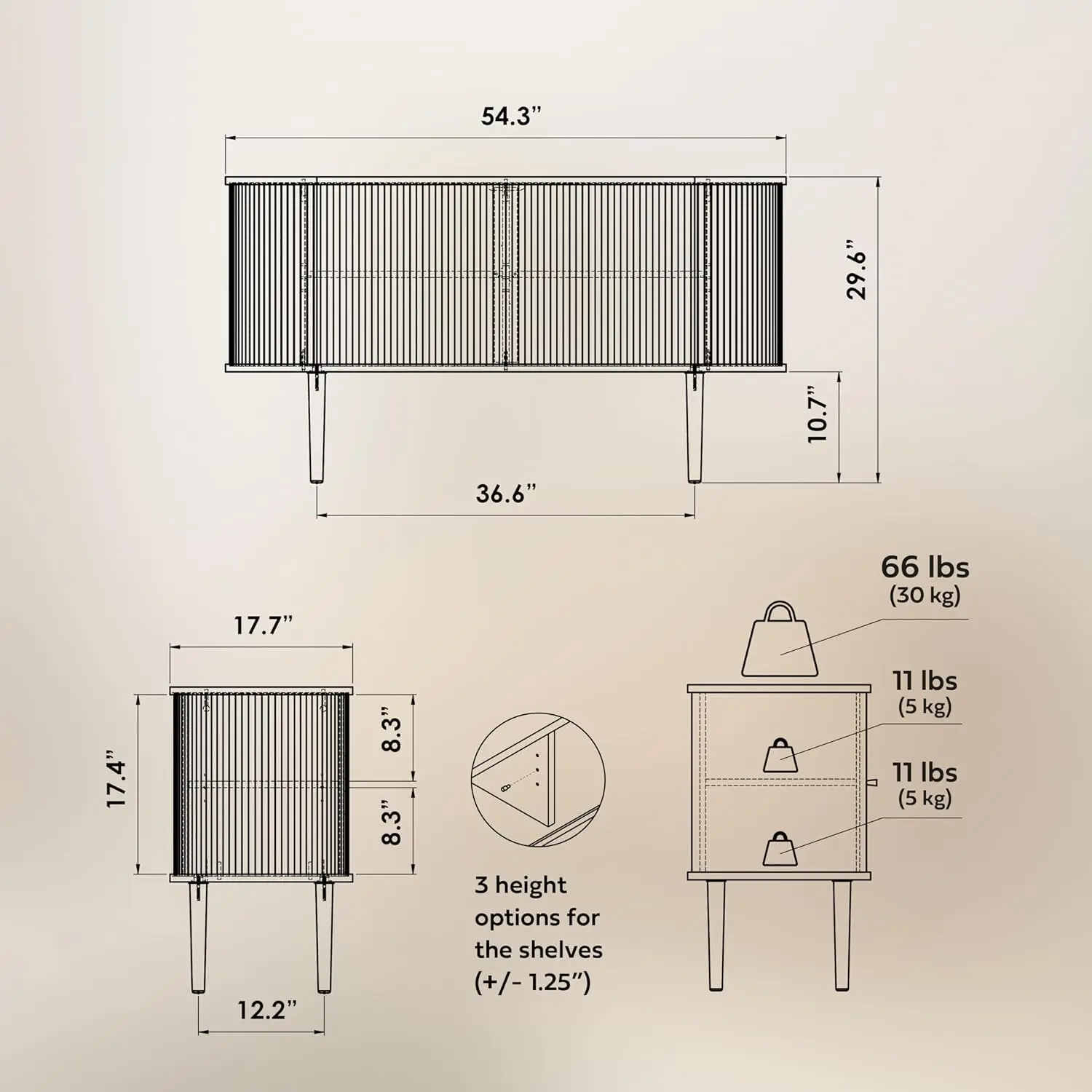 خزانة تخزين جانبية مقاس 55 بوصة مع أبواب ورفوف - خزانة تخزين Credenza للمكتب، وخزانة تخزين غرفة النوم، والقاعة