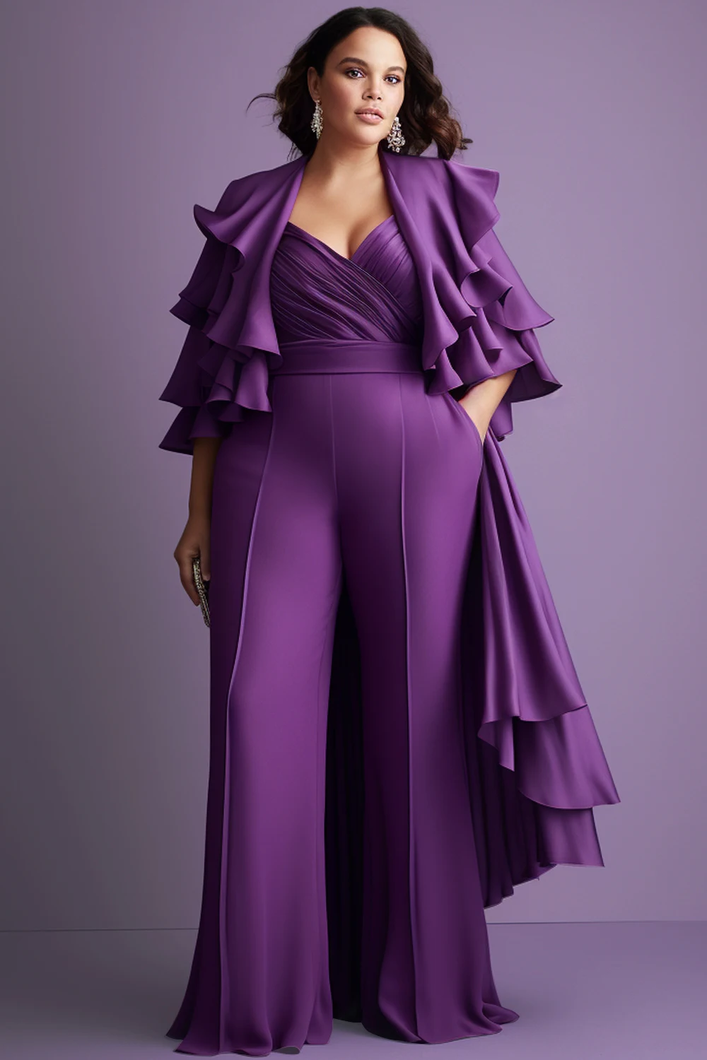 

Women's Plus Size Mother Of The Bride Elegant Purple Spring Wrap Neck Cape Sleeve 3/4 Sleeve Flounce Pocket Knit Matching Set