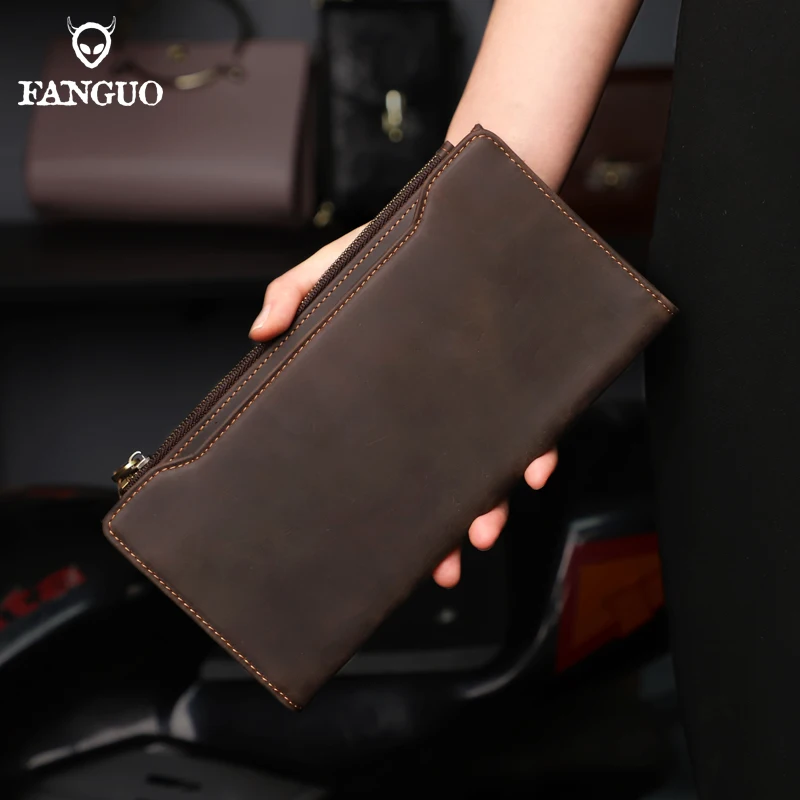 Retro Genuine Leather Long Wallet For Men Crazy Horse Leather Card Holder Purse Clutch Wallet Handbag Hand Bag Male