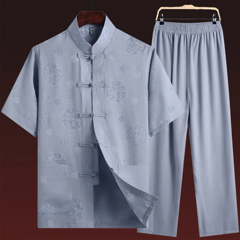 

Летний хлопково-льняной комплект из двух предметов: мужской традиционный китайский костюм Тан, этническая одежда Ханьфу для мужчин