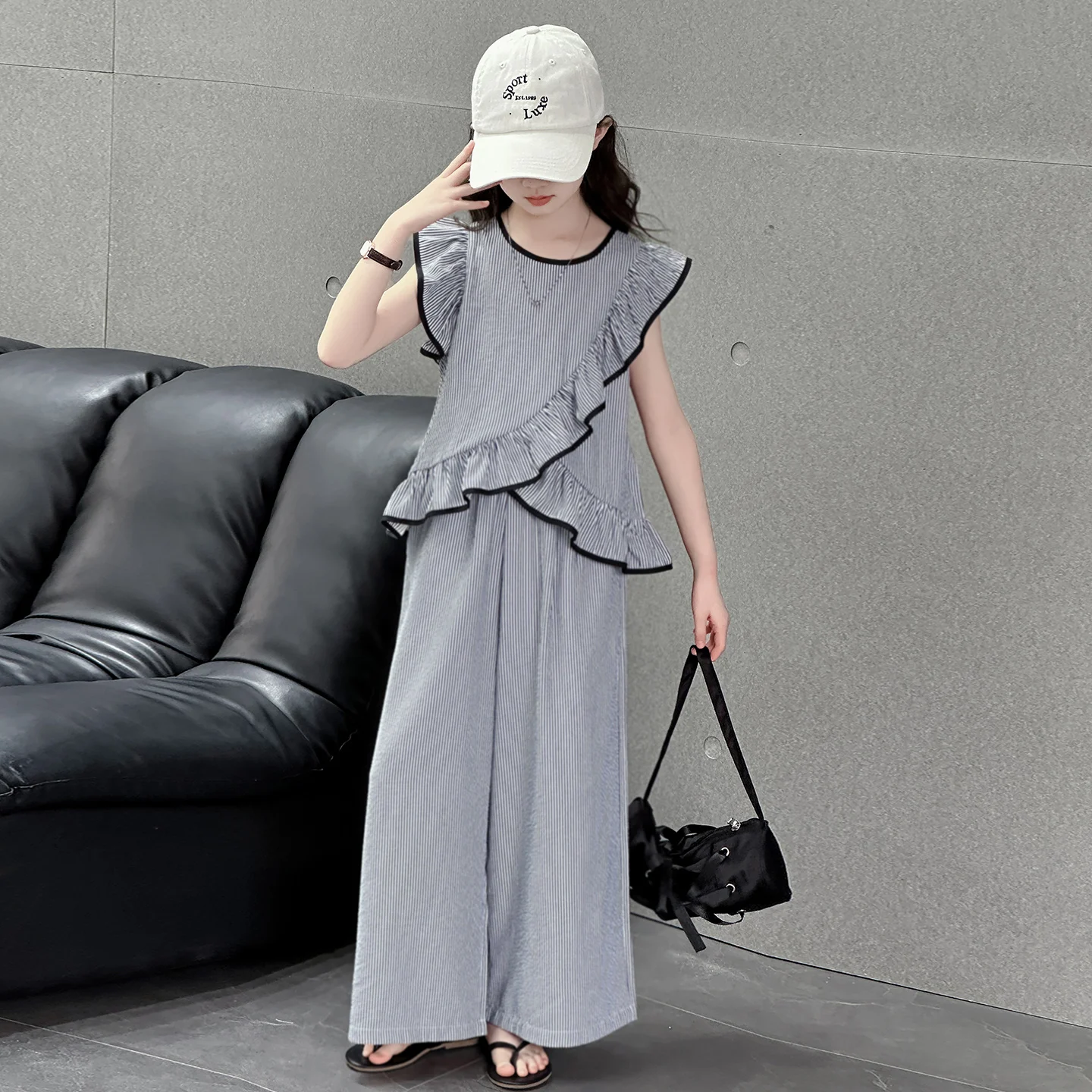 Child Asymmetrical Summer Clothing Set With Ruffles for Girls Irregular Flounce Top + Pants Two Piece Suit Elegant Kids Clothes