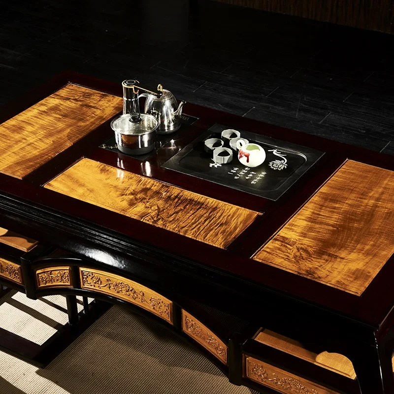 Golden nanmu solid wood tea table and chair combination, kung fu living room tea table, Chinese red sandalwood rosewood furnitur