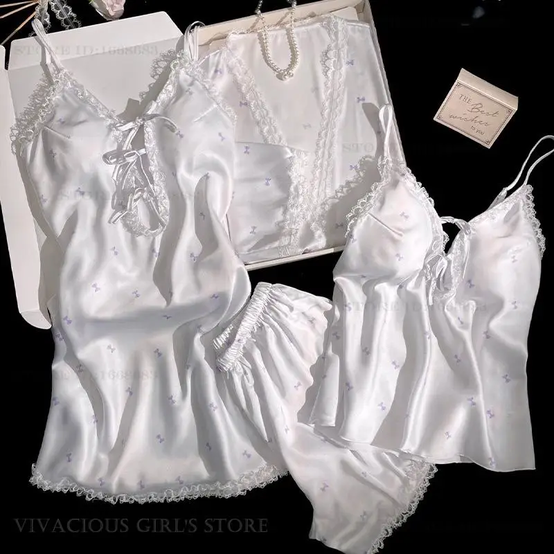 

Female 4Pcs Robe Pajamas Set Sexy Lace Suspender Lingerie Pijamas Suit Print Flower Satin Nightgown Summer Sleepwear Homewear
