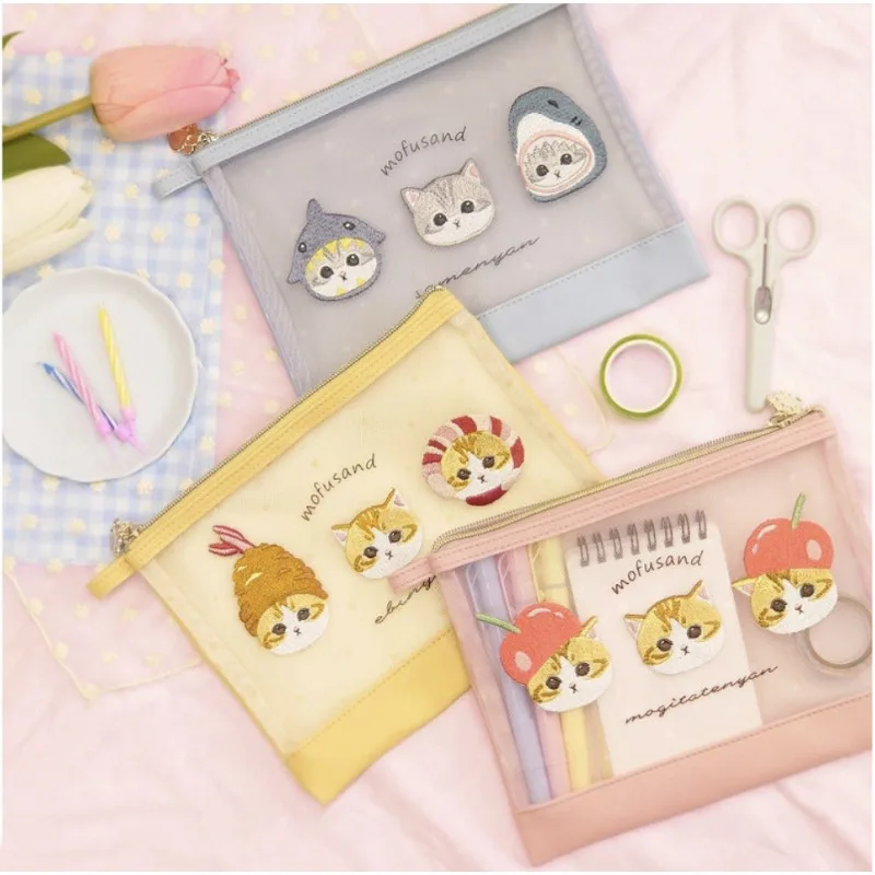 

Mofusand Cute Cartoon Embroidered Transparent Mesh Storage Bag Student Stationery & Document Pouch
