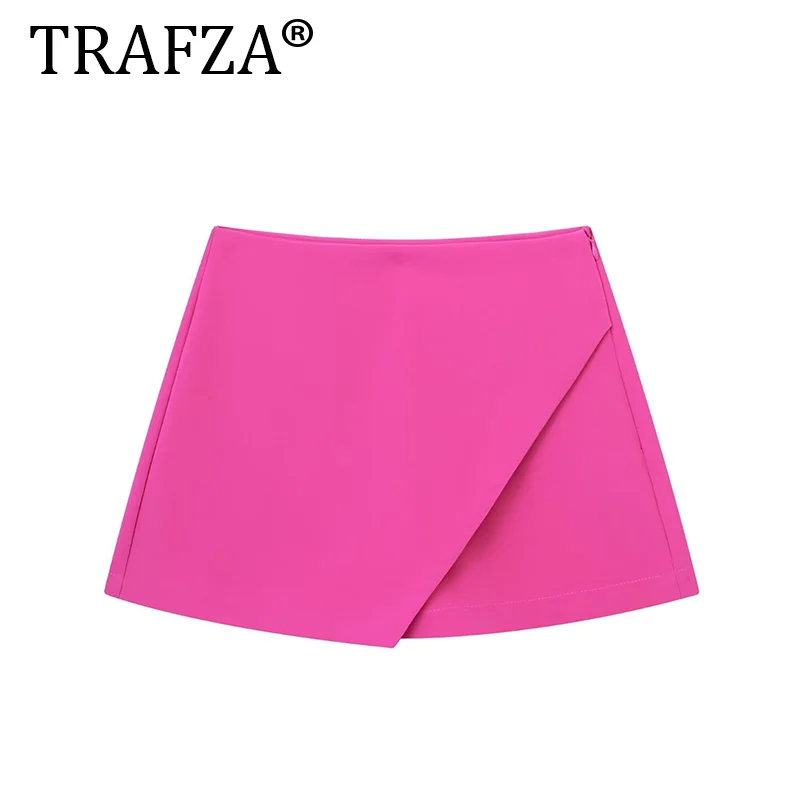 TRAFZA-Mini Calções de Saia Preta Feminina, Saia Assimétrica, Cintura Alta, Verão, Casual, Bermudas