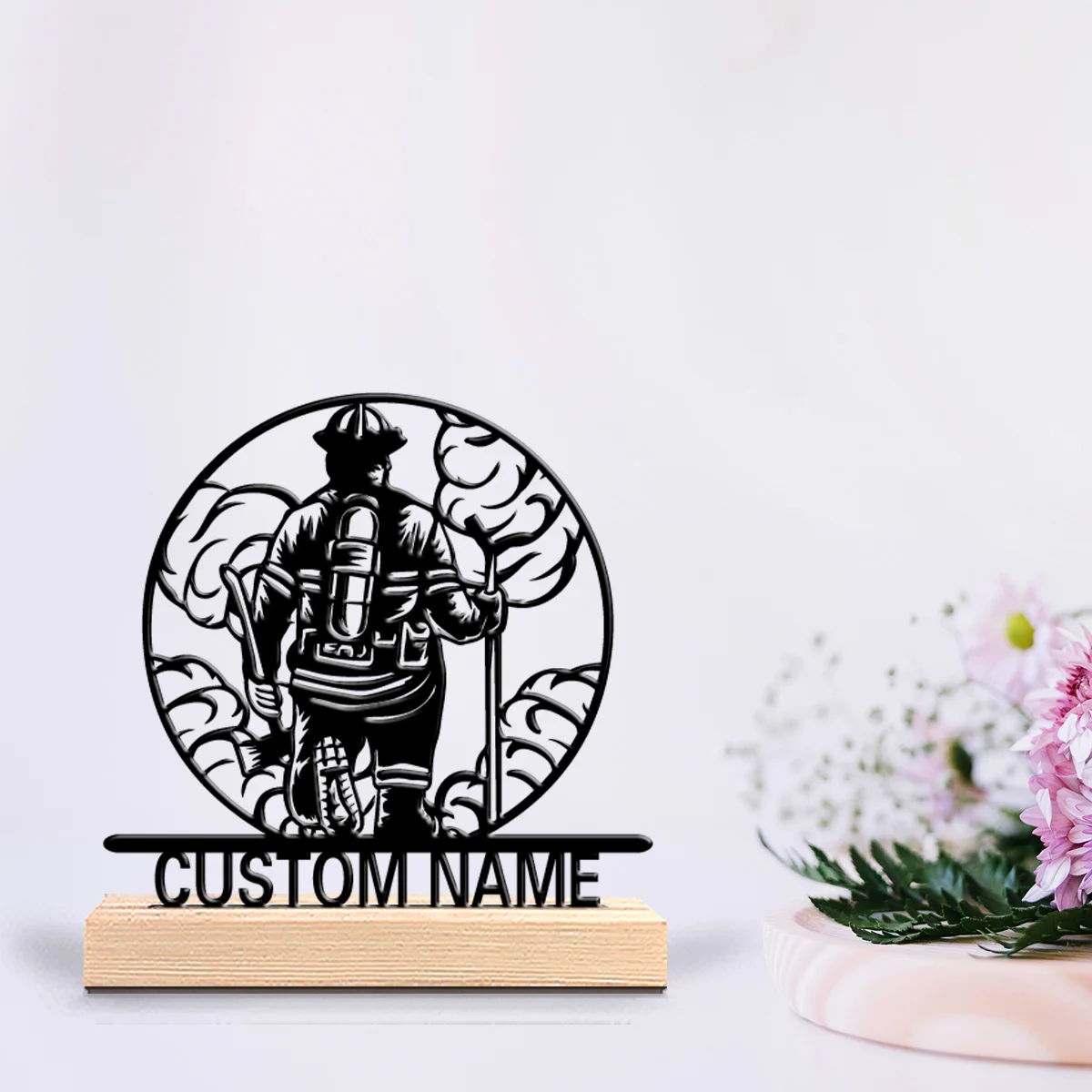 1pc Abstract firefighter Custom Letter Metal Statue Metal Ornament Art Figurine With Wood Base With Wood Base Home Table