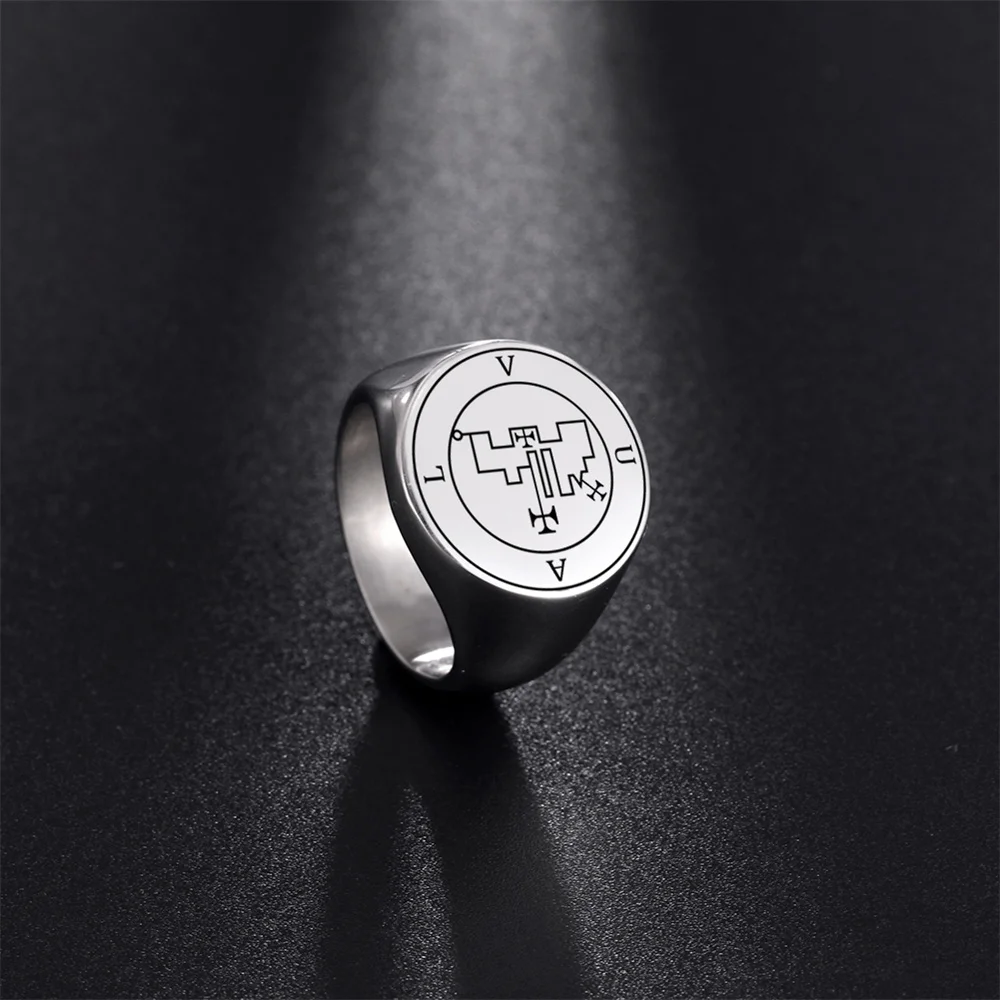 EUEAVAN King Asmoday Sigil Demon Seal Stainless Steel Ring Silver Color Key of Solomon Rings for Men Good Luck Amulet Jewelry