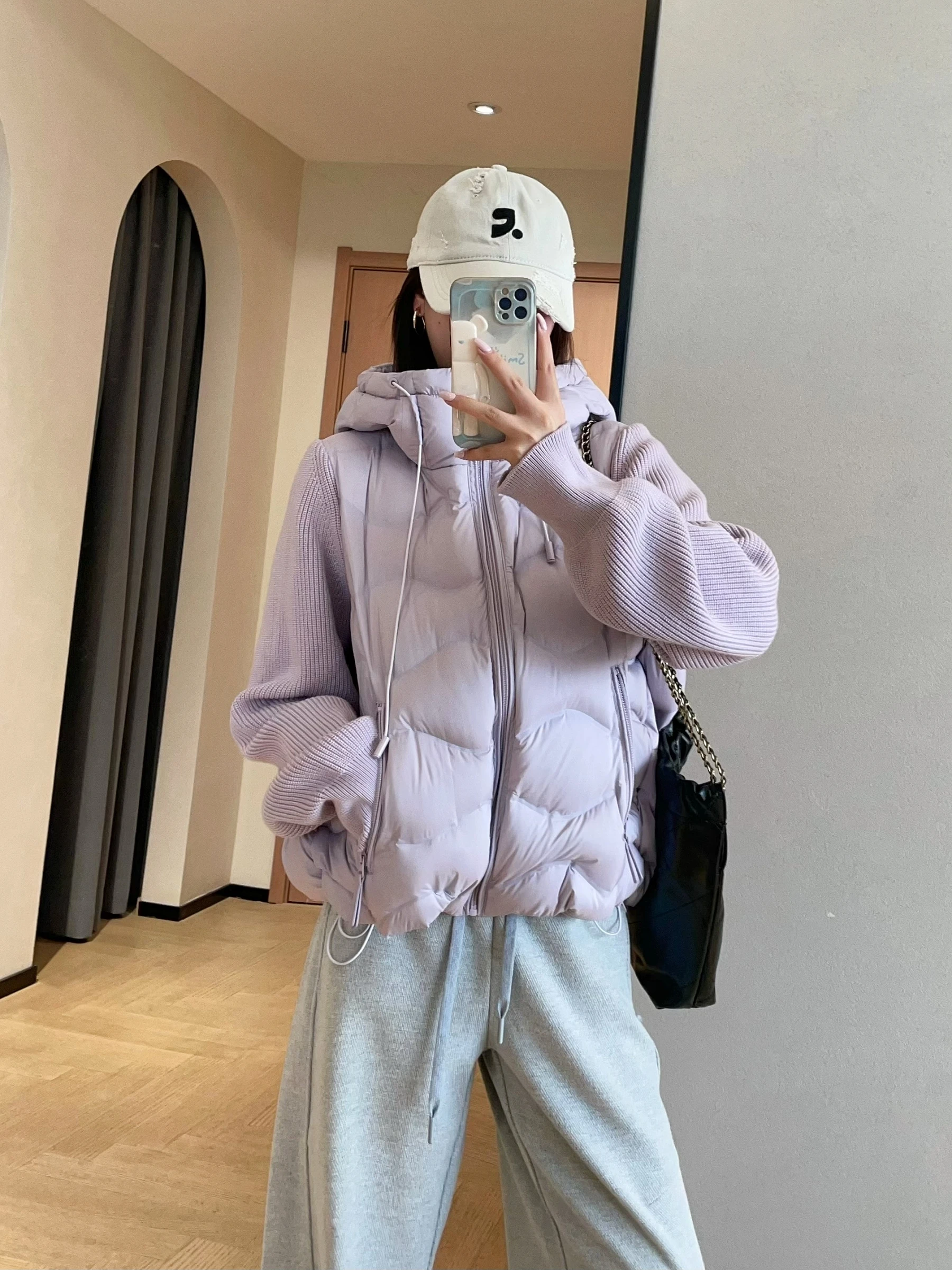 

Легкая белая пуховая куртка с трикотажными вставками, повседневное пальто для женщин, гарантия тепла, полиэстер