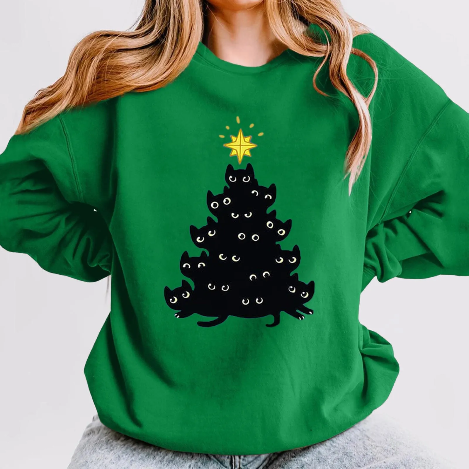 

Tree Star Lovely 90s Trend Merry Christmas Women Holiday Sweatshirts Clothing Fashion 2025 New Year Pullover Cat Print Loose Top