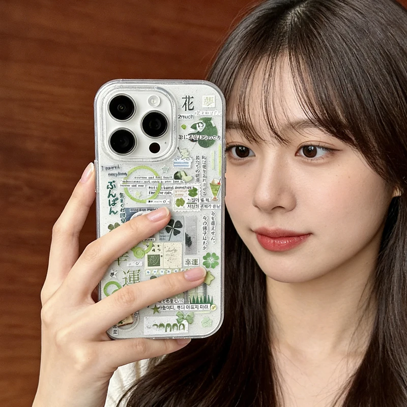 Funda de Teléfono con Diseño de Trébol Verde Japonés y Rosa Brillante para iPhone 17 Air 16 E 15 Pro Max 14 13 12 11 XR 78 Plus Y2K