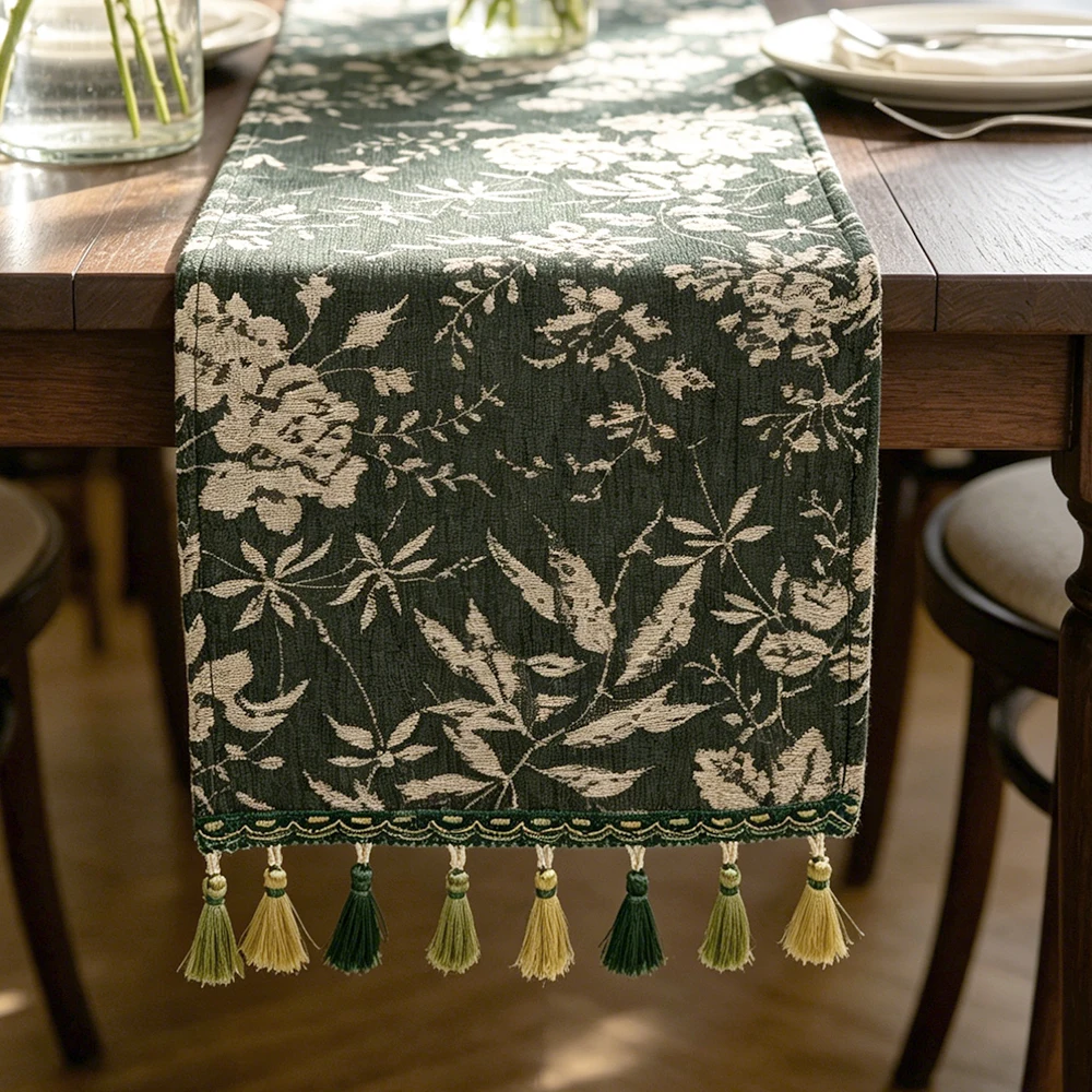 BUYNOW 1PC Floral Jacquard Table Runner With Three Color Pendant Elegant Home Decor Cover For Dining Table Living Room Decor