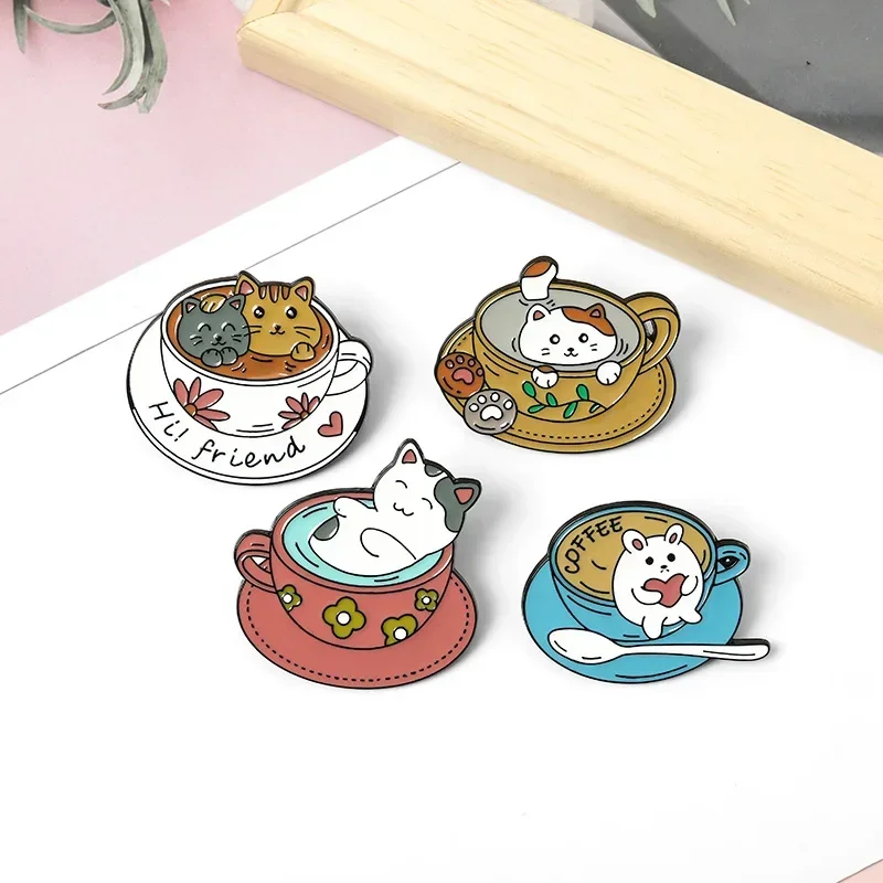 4 Pcs New Cute Cat Coffee Brooch Creative Cartoon Animal Cup Alloy Pin Badge Gifts for Women Clothes Decoration