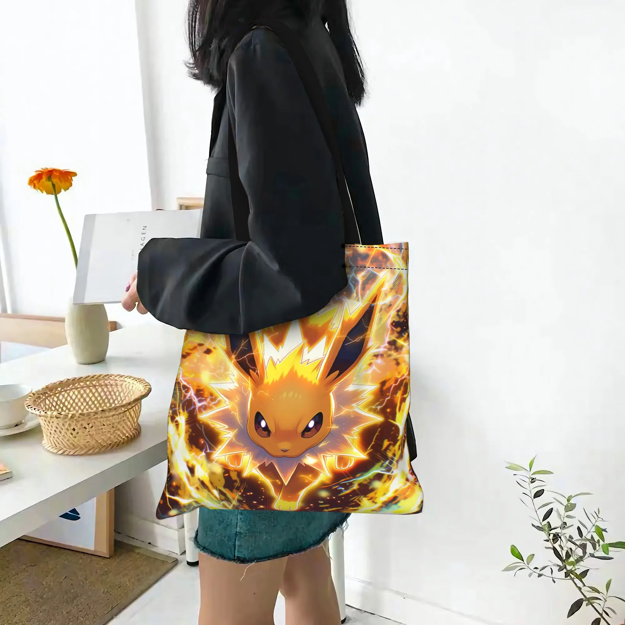 Customized Pokemon Women's Bag Shopping Bag Reusable Double Sided Canvas Tote Bag Shoulder Eevee Eeveelution Handbag