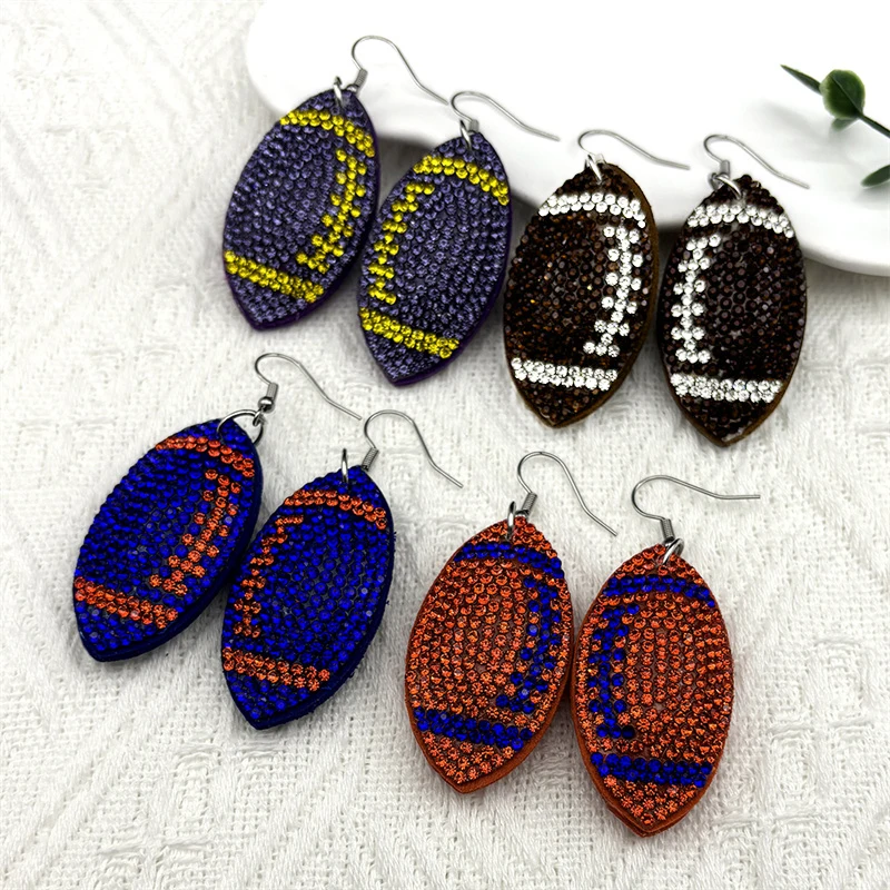 American Football Balls Rugby Rhinestone Earrings for Women Men Blue Orange Color Sports Style Dangle Earrings JewelryZZZ1066