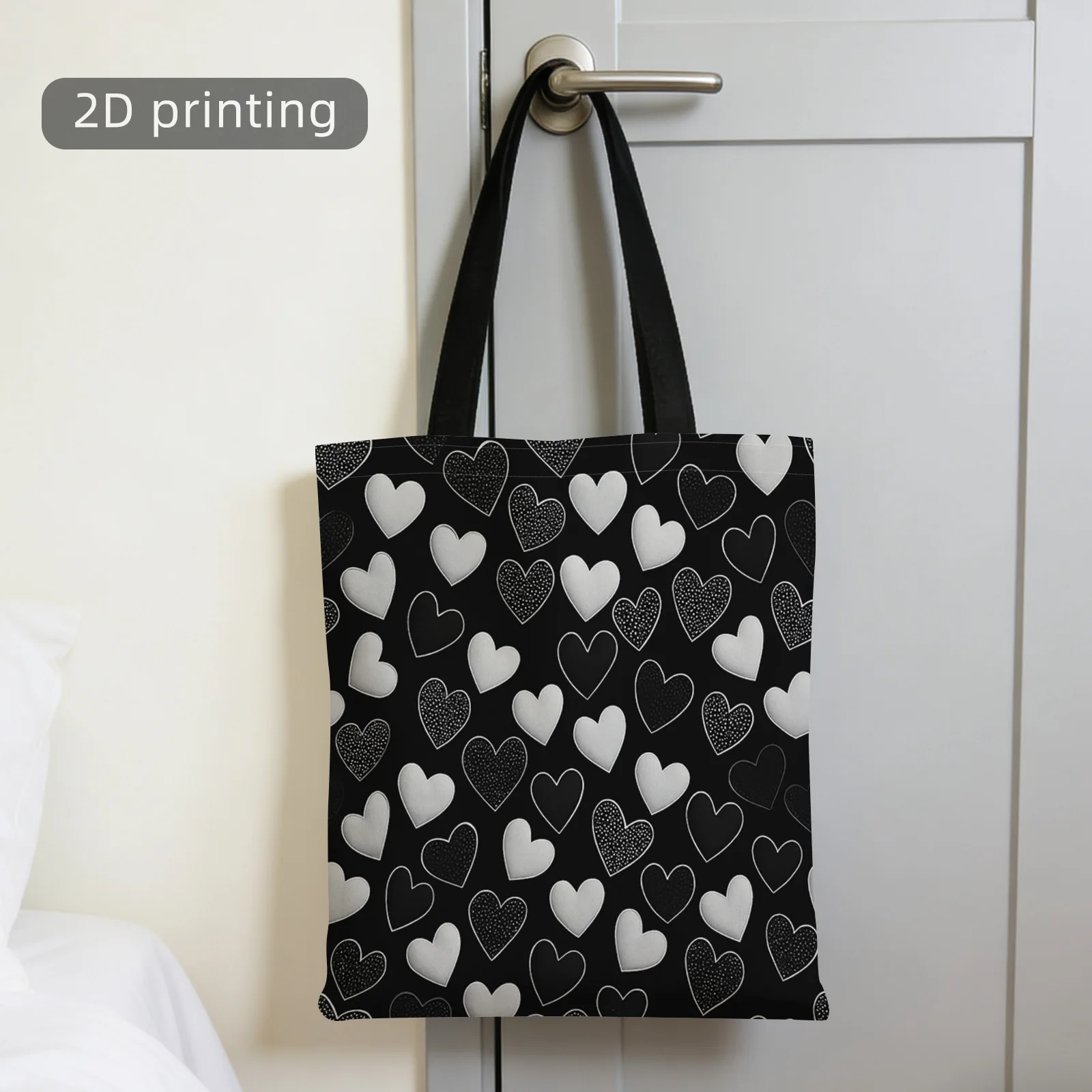 2D Printed Tote Bag, Love Pattern, Black Background And White Heart, Repeated Design, Reusable, Fashionable Shoulder Bag
