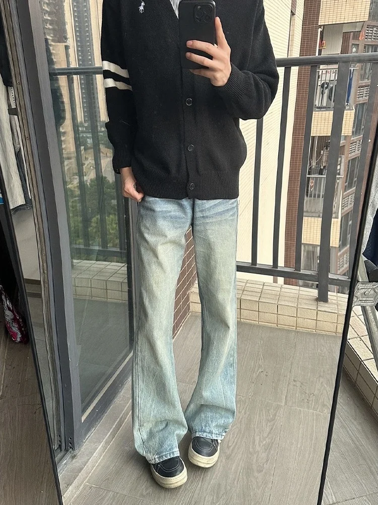 

American Retro Lightning Pattern Men's Jeans High Street Vibe Slimming Straight Leg Micro Flared Pants Spring Autumn New Sle