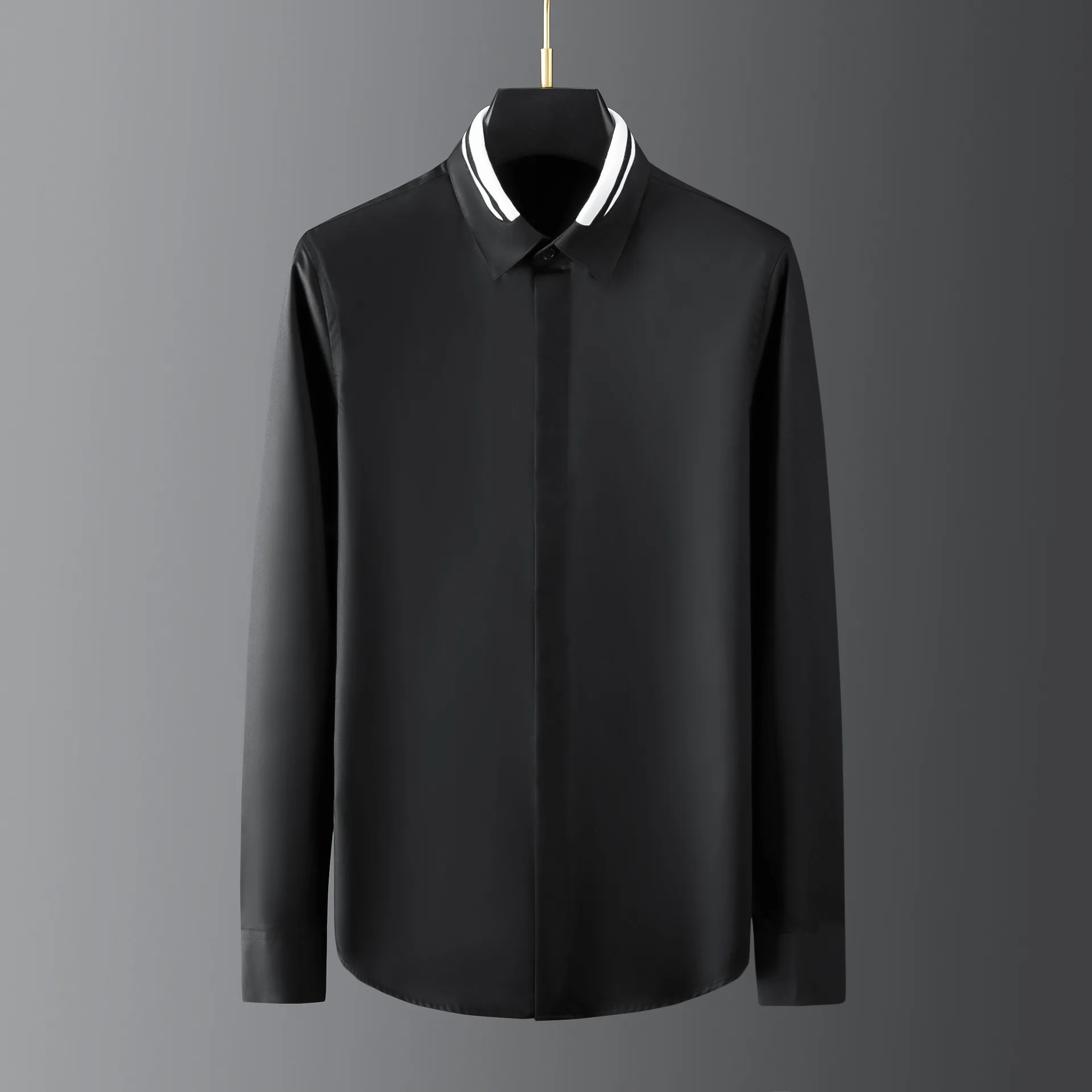 

Trendy brand new collar black and white threaded splicing men's high-end pure cotton men's shirt