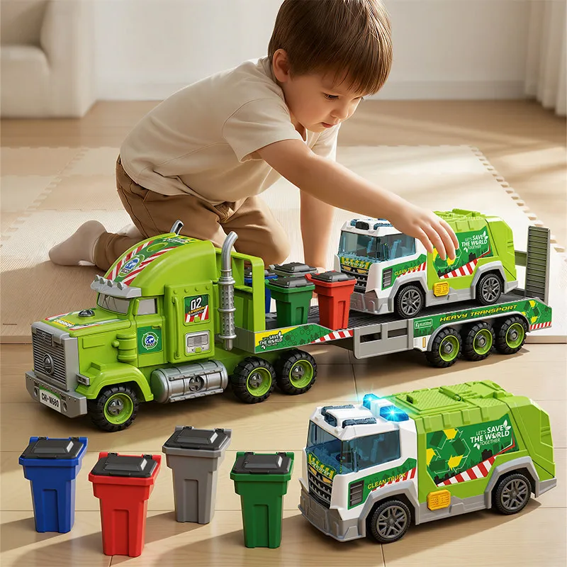 Realistic Garbage Truck Toy Set with Trash Can & STEM Learning Cards | 6+ Years Interactive Pull-Back Vehicle for Boys & Girls,