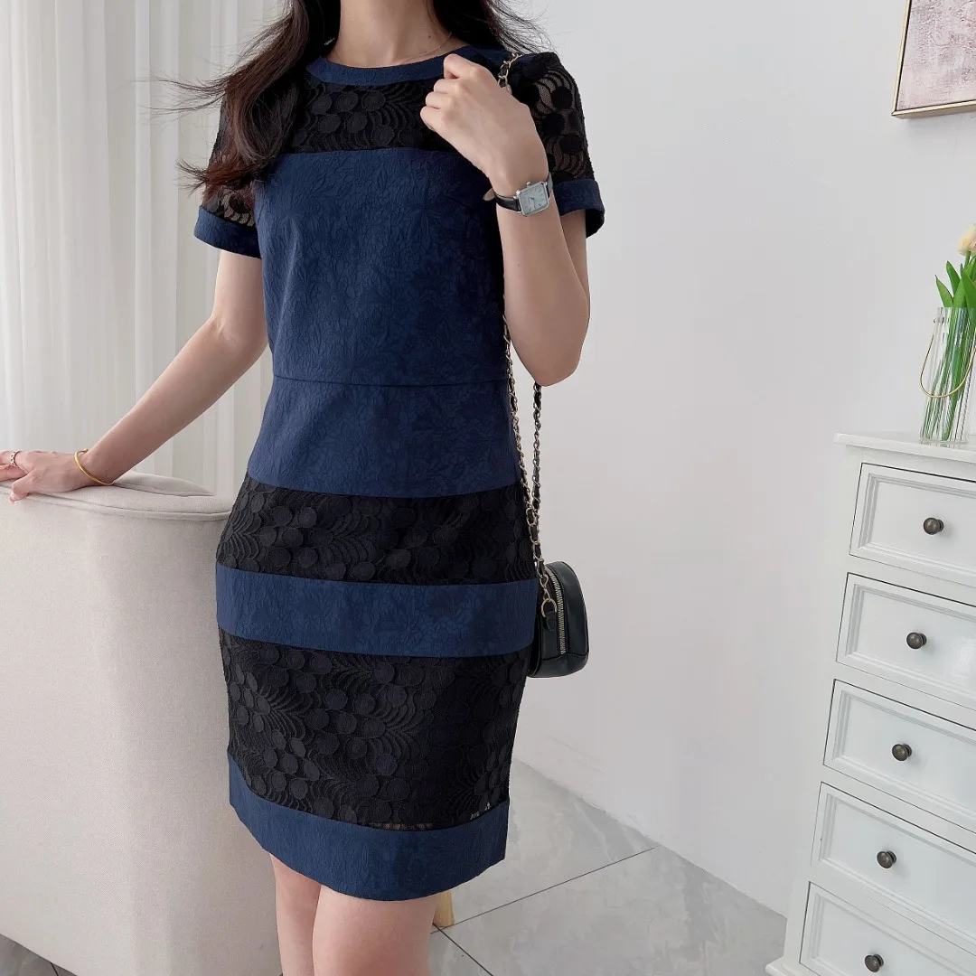 

Ele Lace Splicing Slimming Effect Fabric Summer Dr High Waist ort Sve round Ne Single Piece Chinese Brand