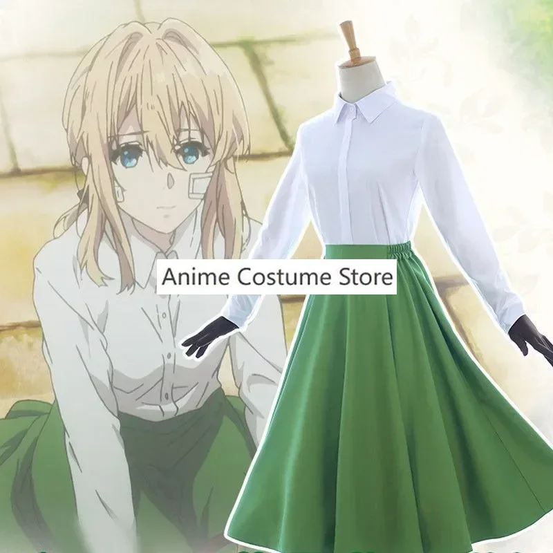 Hot Anime Violet Evergarden Cosplay Leisure Campus Student Green Long Dress Cosplay Suit Cos Halloween Party Con Uniform